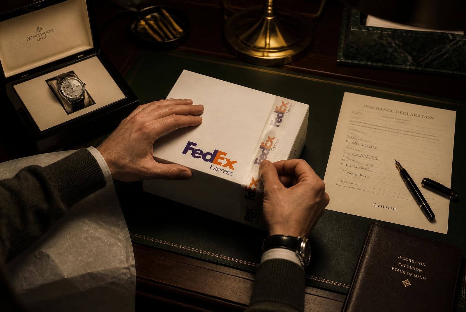 Sealing a FedEx box with an insurance declaration alongside