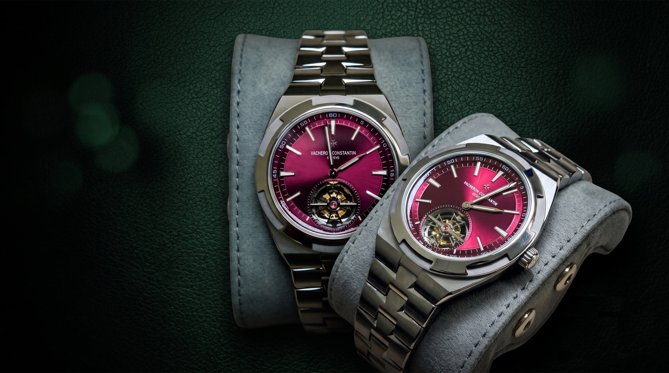 Vacheron Constantin Overseas pair with burgundy dials