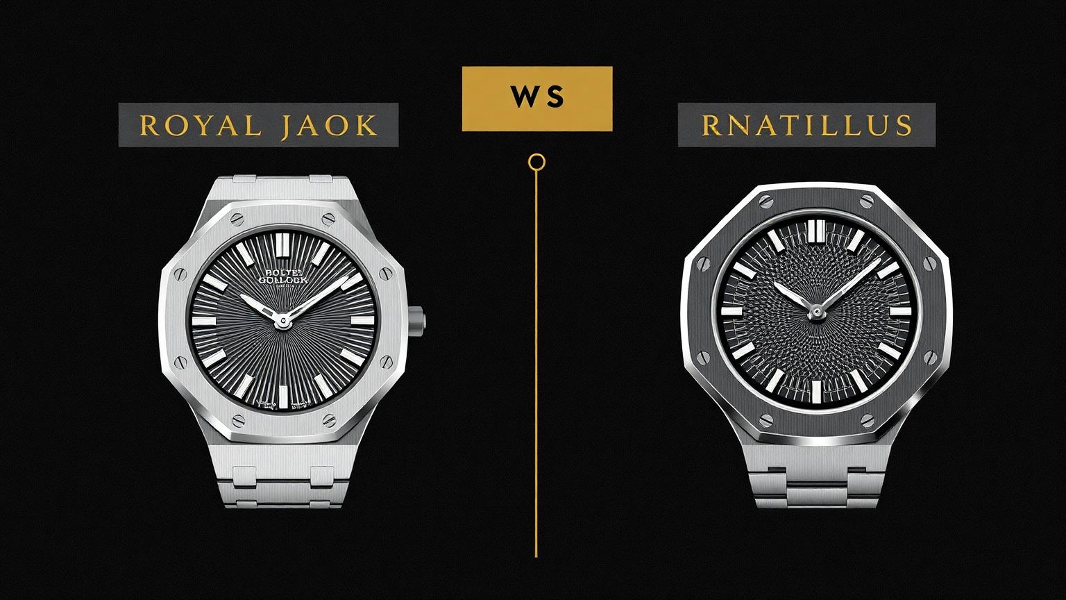 Side-by-side of a Royal Oak octagonal bezel and a Nautilus porthole case with labeled design cues
