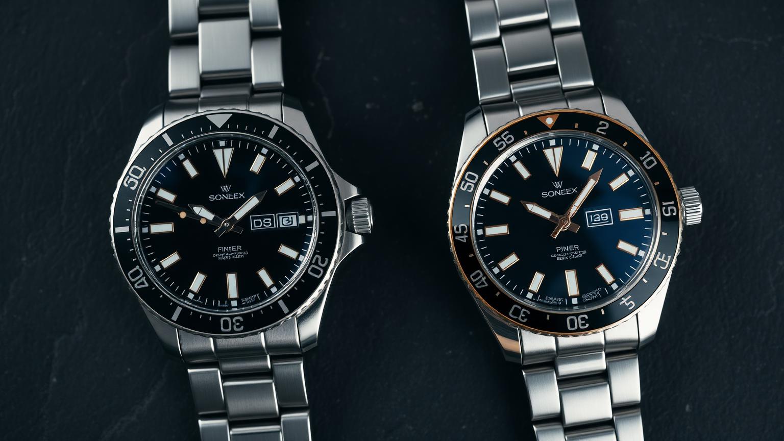 Two luxury sports watches side by side on a dark surface representing a head-to-head comparison