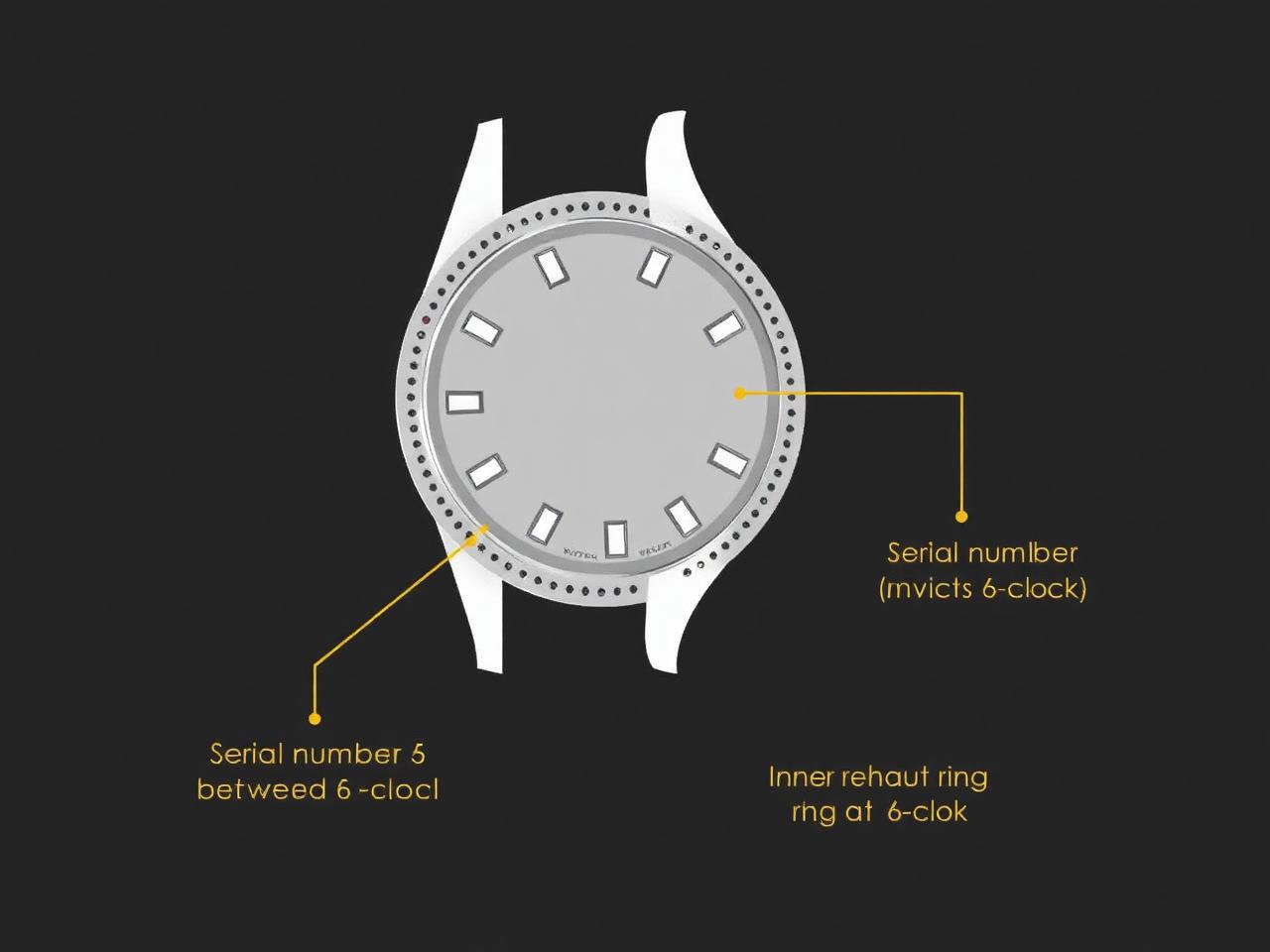Diagram showing the two serial number locations on a Rolex case: between the lugs and on the rehaut