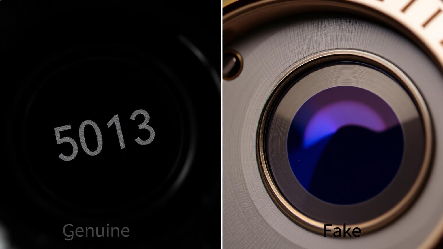 Comparison of a genuine Rolex Cyclops black-hole effect versus a fake with blue tint
